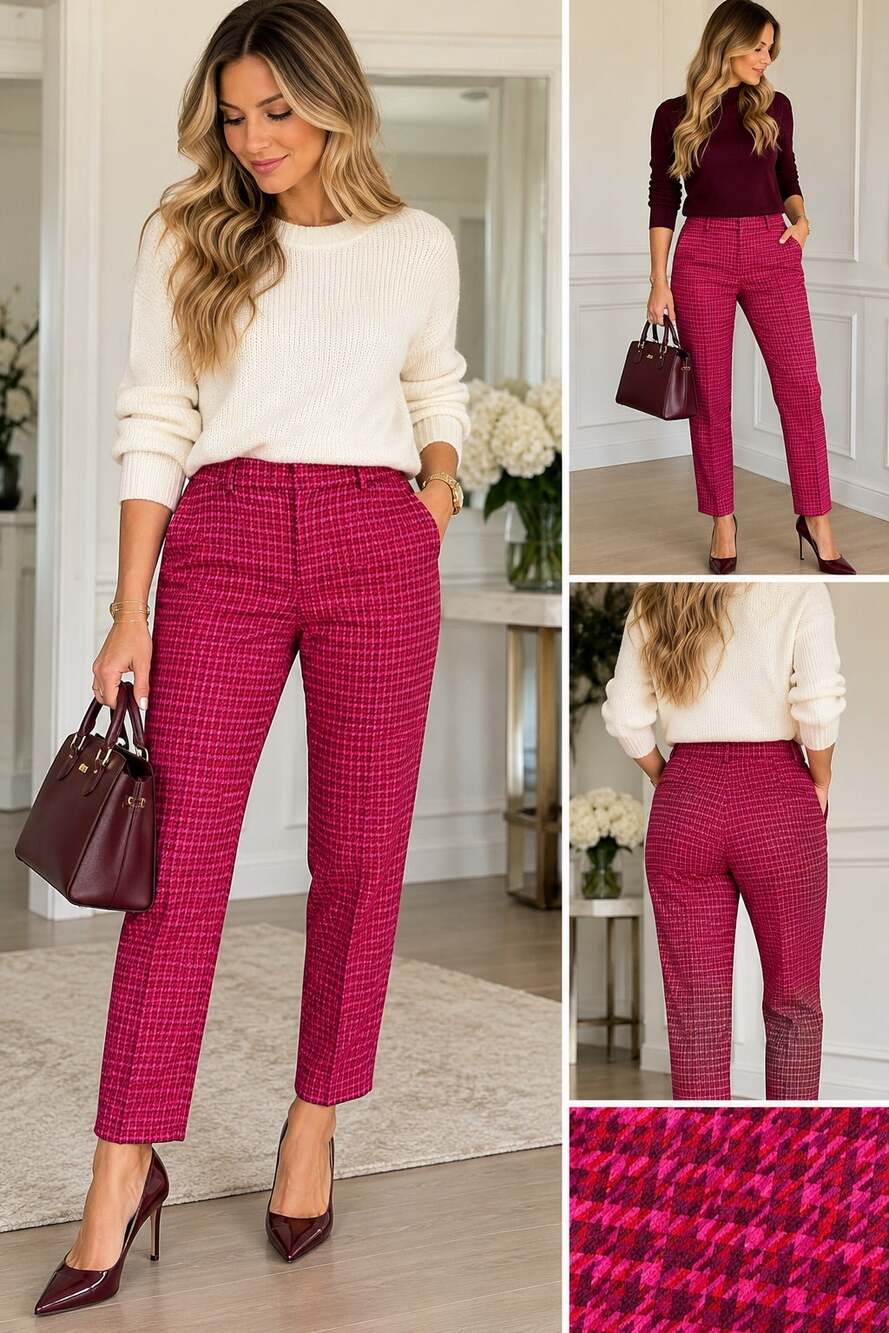 Ann Taylor Sophia Pink Houndstooth Plaid Cropped Ankle Pants Size 12